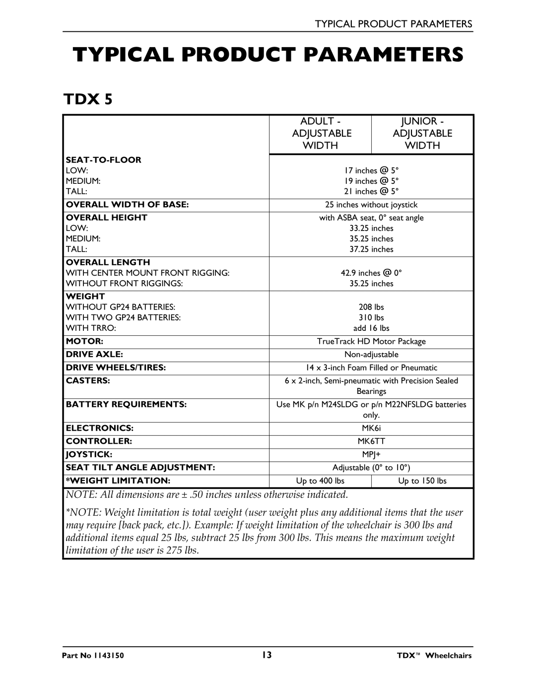 Invacare TDX 5, TDX 3 SE, TDX 4 manual Typical Product Parameters, Adult Junior, Width 