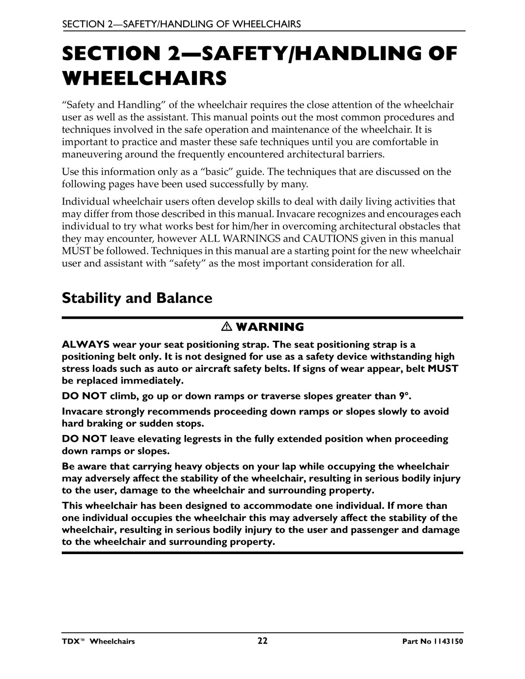 Invacare TDX 4, TDX 3 SE, TDX 5 manual SAFETY/HANDLING of Wheelchairs, Stability and Balance 