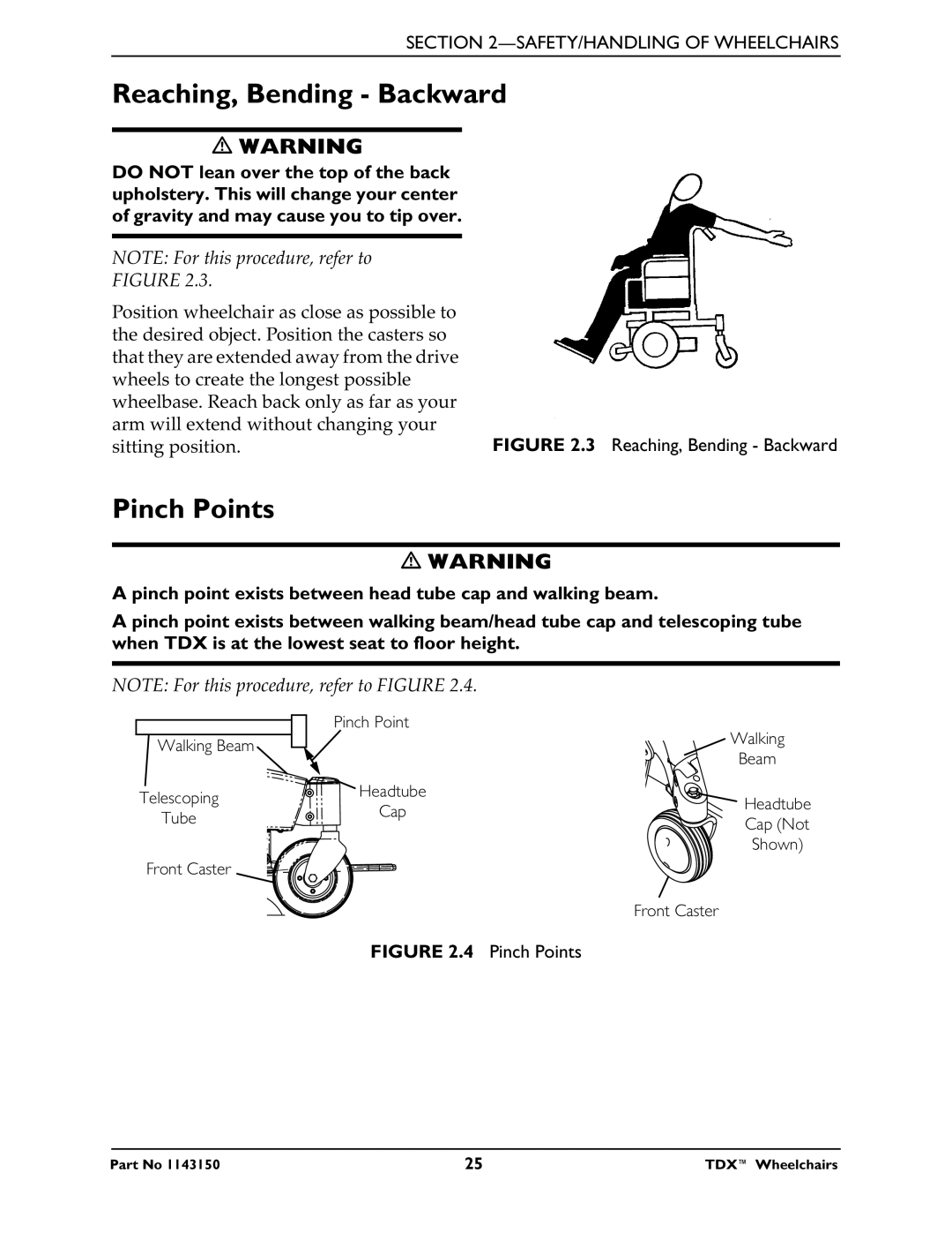 Invacare TDX 5, TDX 3 SE, TDX 4 manual Reaching, Bending Backward, Pinch Points 