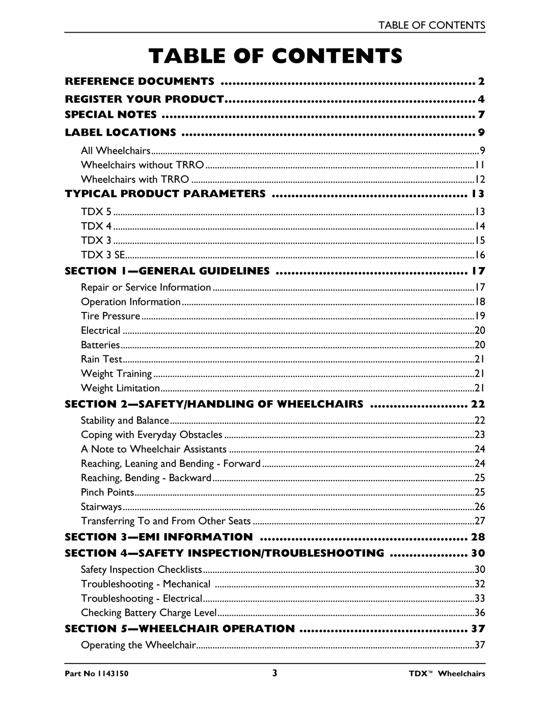 Invacare TDX 3 SE, TDX 5, TDX 4 manual Table of Contents 