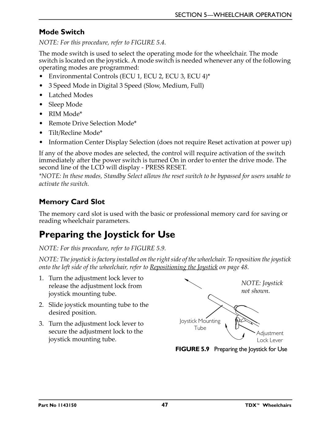 Invacare TDX 3 SE, TDX 5, TDX 4 manual Preparing the Joystick for Use, Mode Switch, Memory Card Slot 
