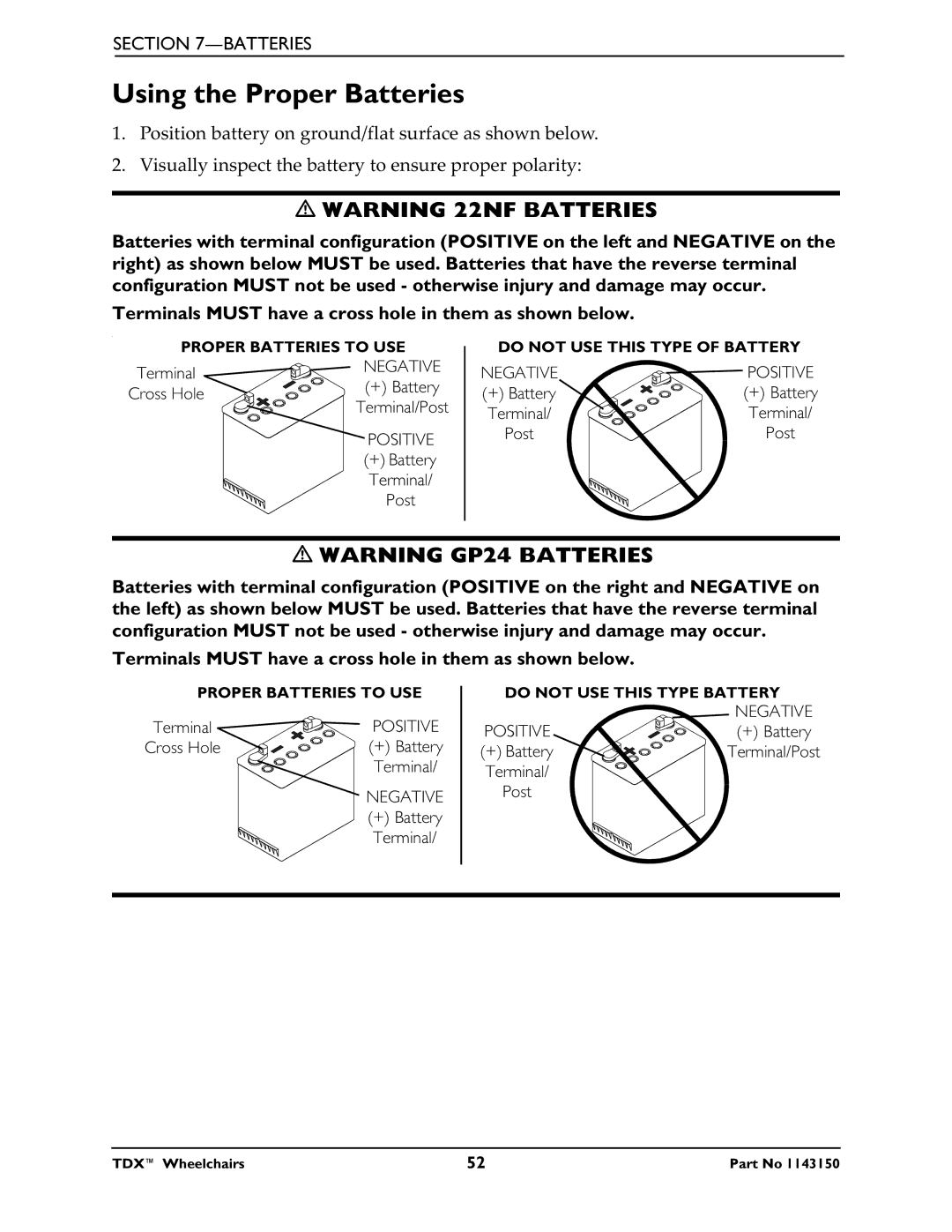 Invacare TDX 3 SE, TDX 5, TDX 4 manual Using the Proper Batteries, Positive 