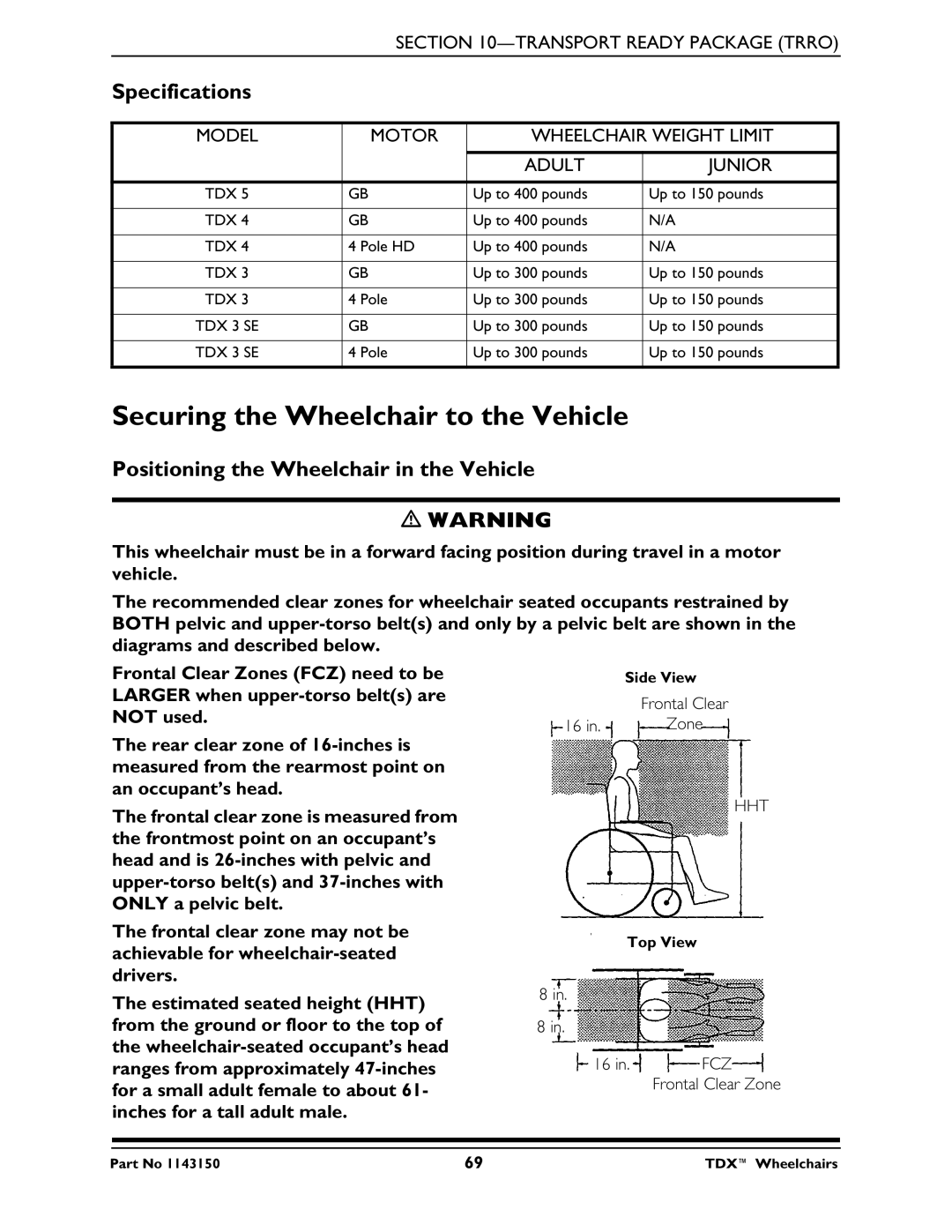 Invacare TDX 5, TDX 3 SE Securing the Wheelchair to the Vehicle, Specifications, Positioning the Wheelchair in the Vehicle 