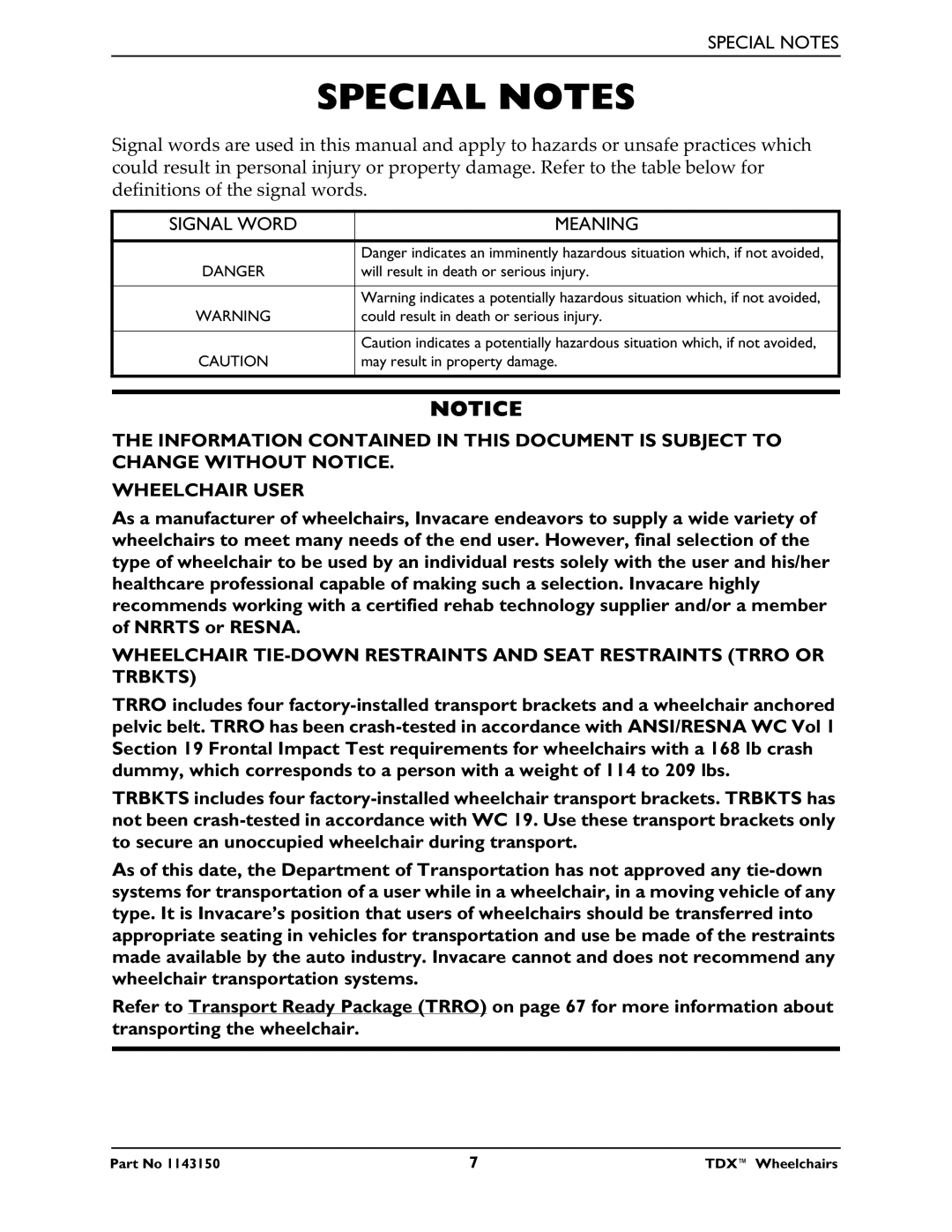 Invacare TDX 3 SE, TDX 5, TDX 4 manual Special Notes, Signal Word Meaning 