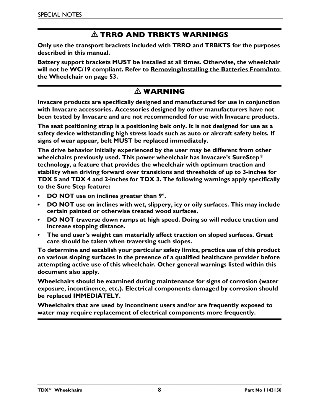 Invacare TDX 3 SE, TDX 5, TDX 4 manual Trro and Trbkts Warnings 