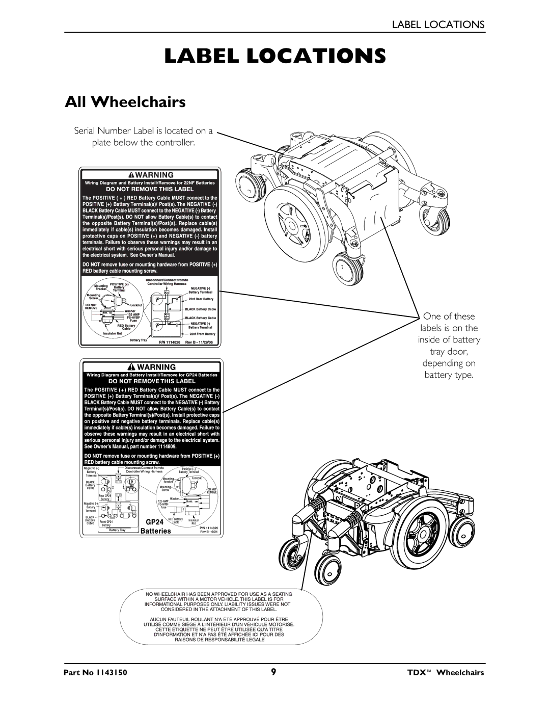 Invacare TDX 5, TDX 3 SE, TDX 4 manual Label Locations, All Wheelchairs 