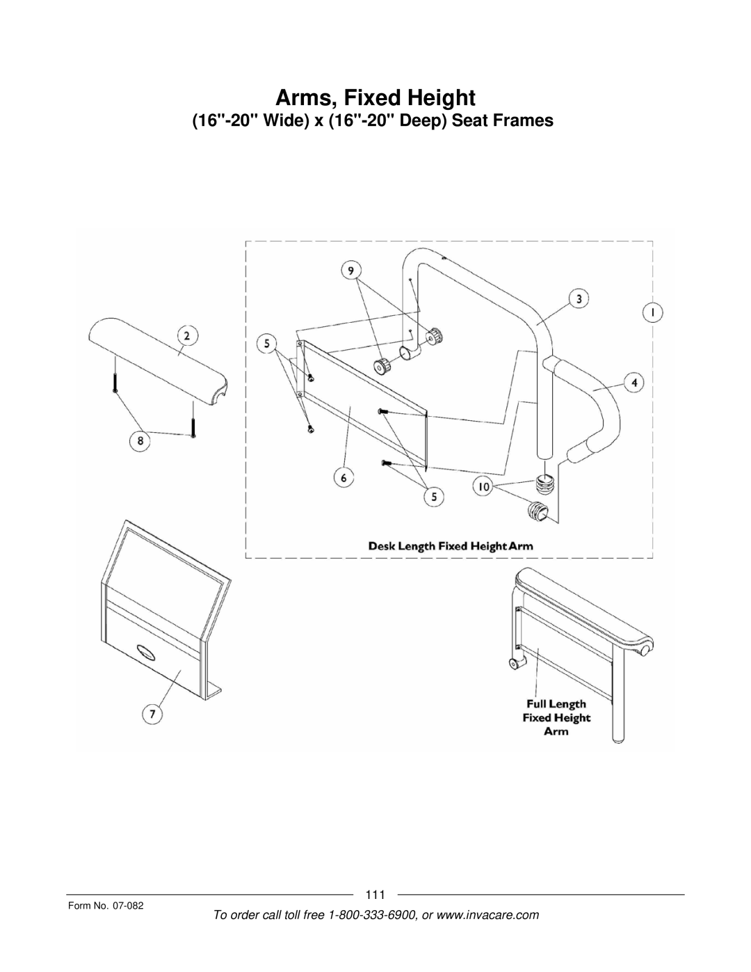 Invacare TDX SC manual Arms, Fixed Height 