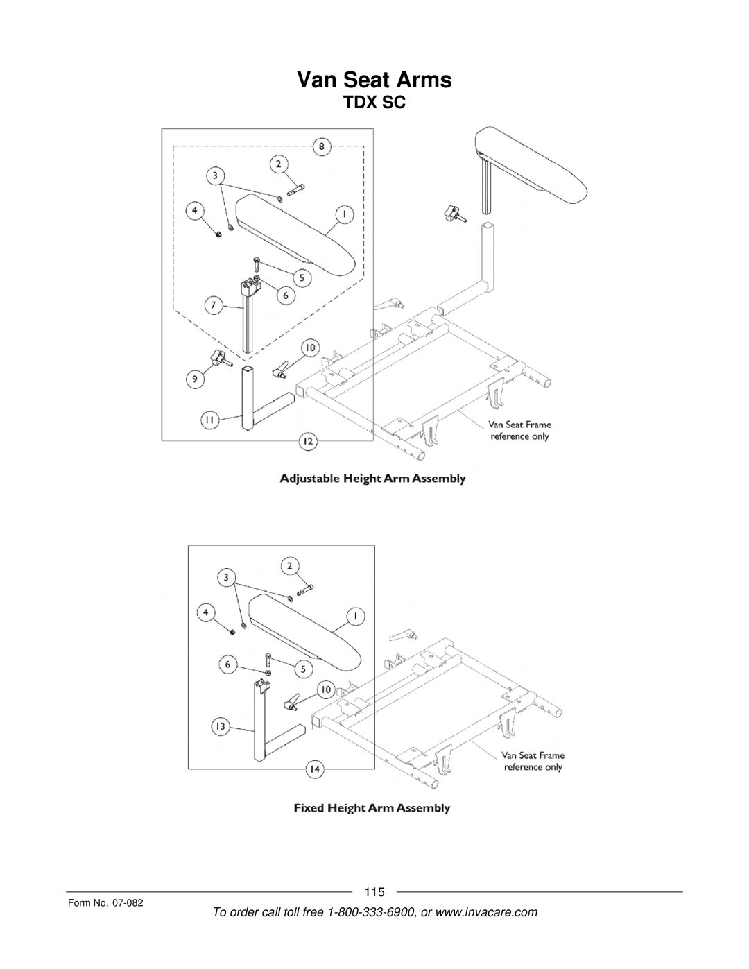 Invacare TDX SC manual Van Seat Arms 