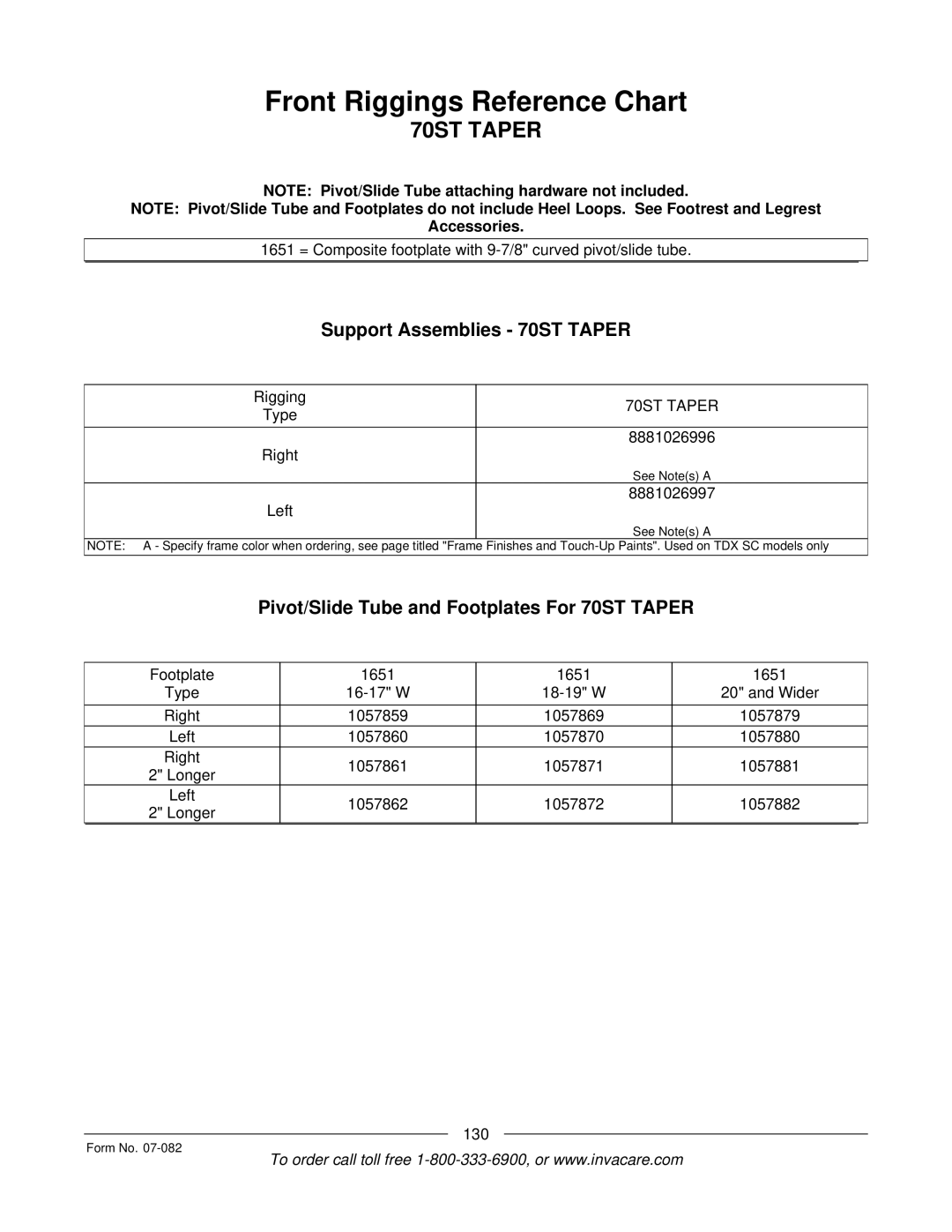 Invacare TDX SC manual Support Assemblies 70ST Taper, Pivot/Slide Tube and Footplates For 70ST Taper 