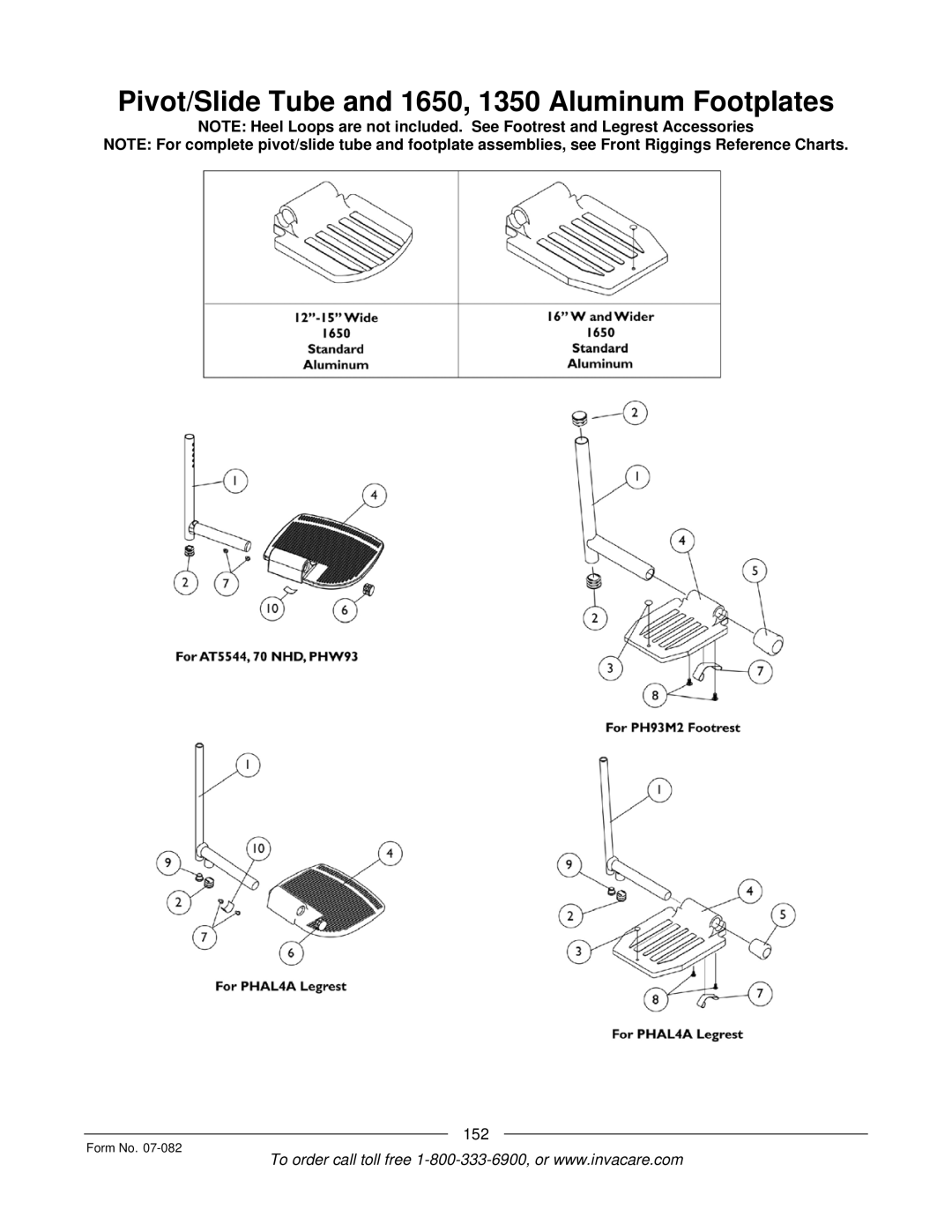 Invacare TDX SC manual Pivot/Slide Tube and 1650, 1350 Aluminum Footplates 