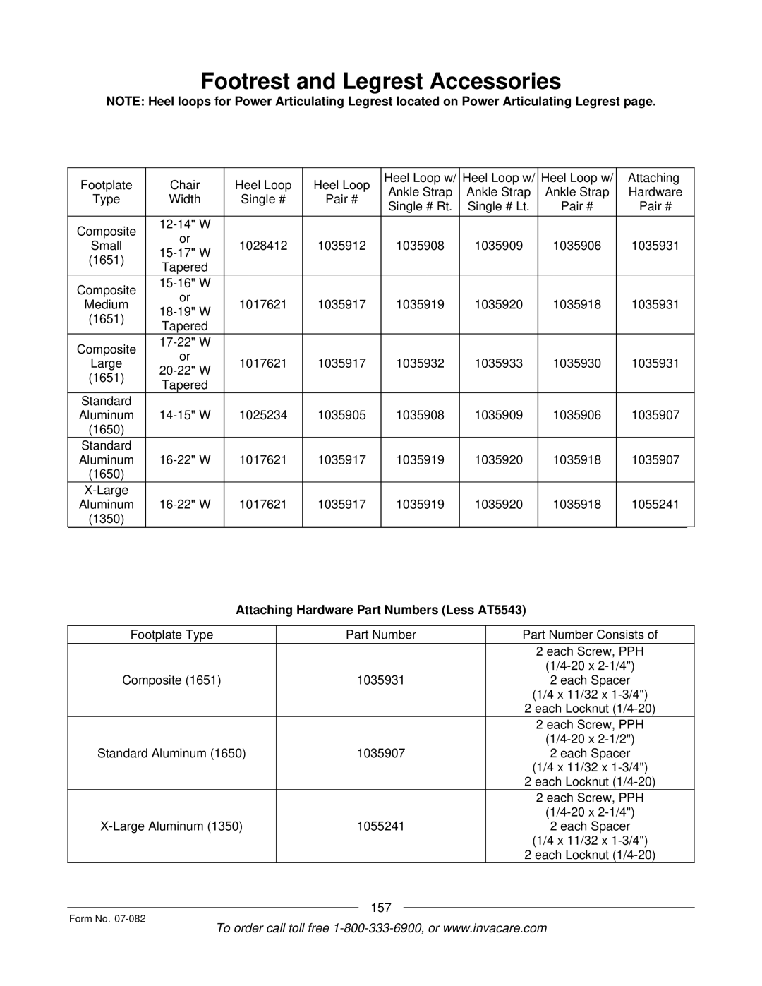 Invacare TDX SC manual Footrest and Legrest Accessories, Attaching Hardware Part Numbers Less AT5543 