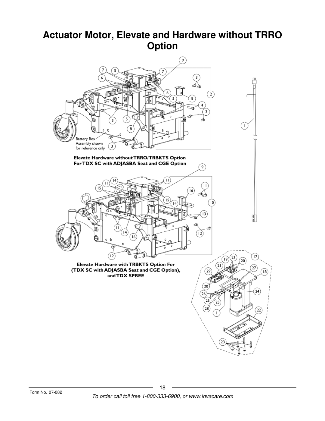 Invacare TDX SC manual Actuator Motor, Elevate and Hardware without Trro Option 