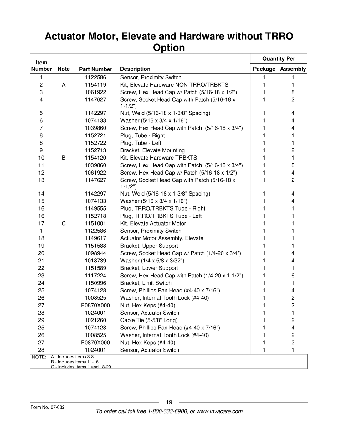 Invacare TDX SC manual Items Includes items Includes items 1 Form No 