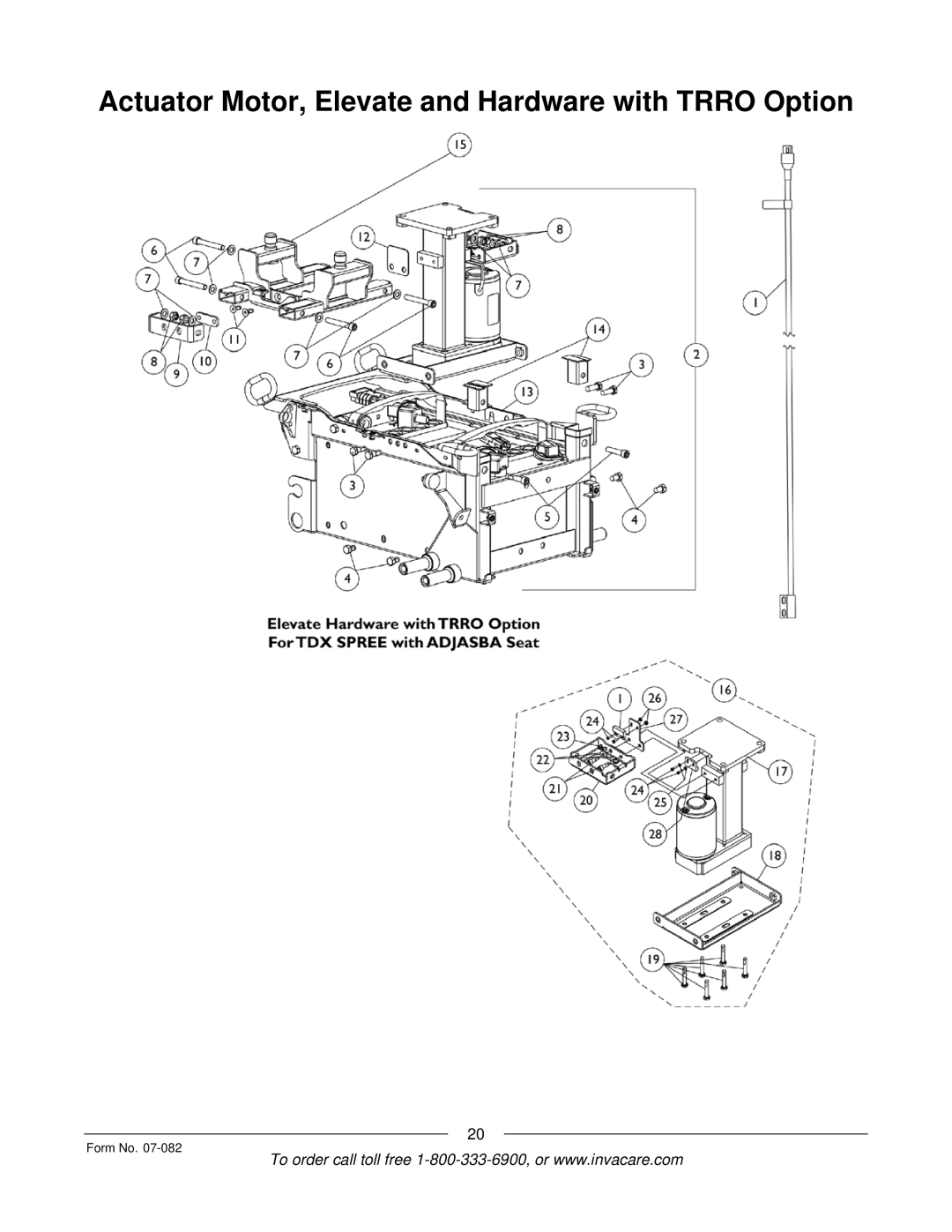 Invacare TDX SC manual Actuator Motor, Elevate and Hardware with Trro Option 