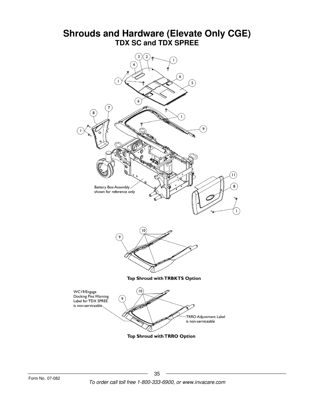 Invacare TDX SC manual Shrouds and Hardware Elevate Only CGE 