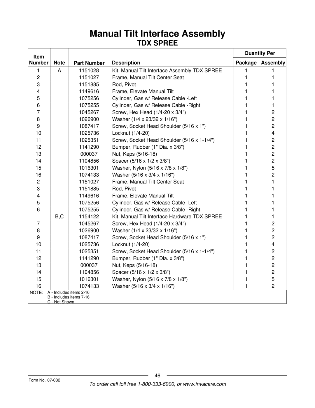 Invacare TDX SC manual Items Includes items Not Shown Form No 