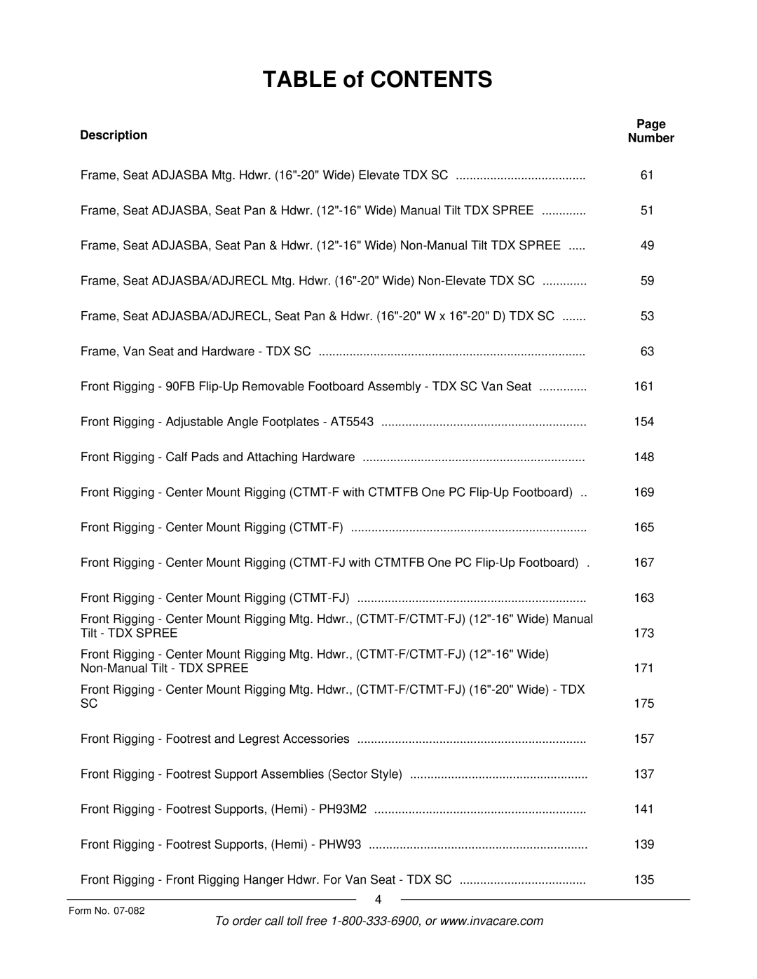 Invacare TDX SC manual Table of Contents 