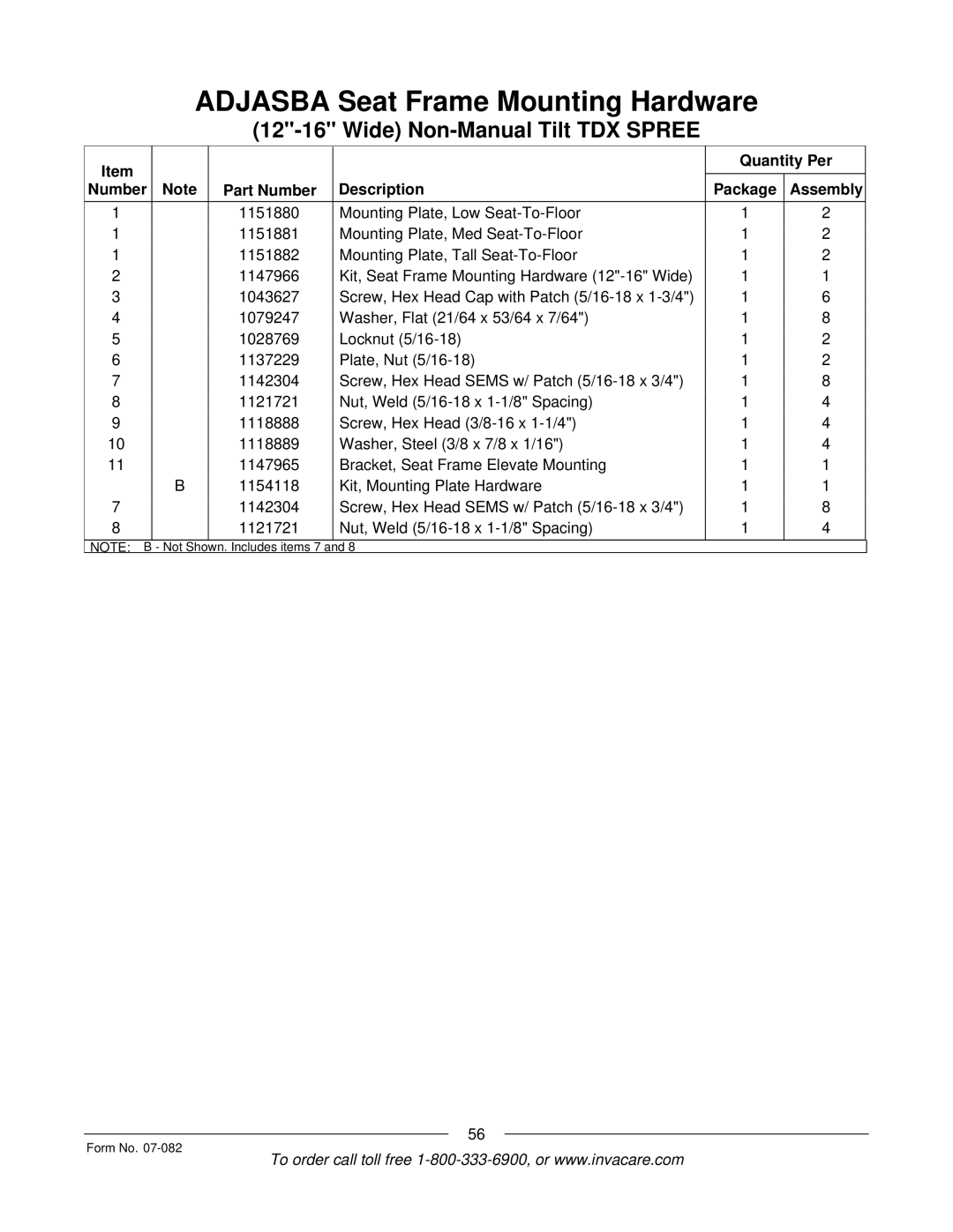 Invacare TDX SC manual Not Shown. Includes items 7 Form No 