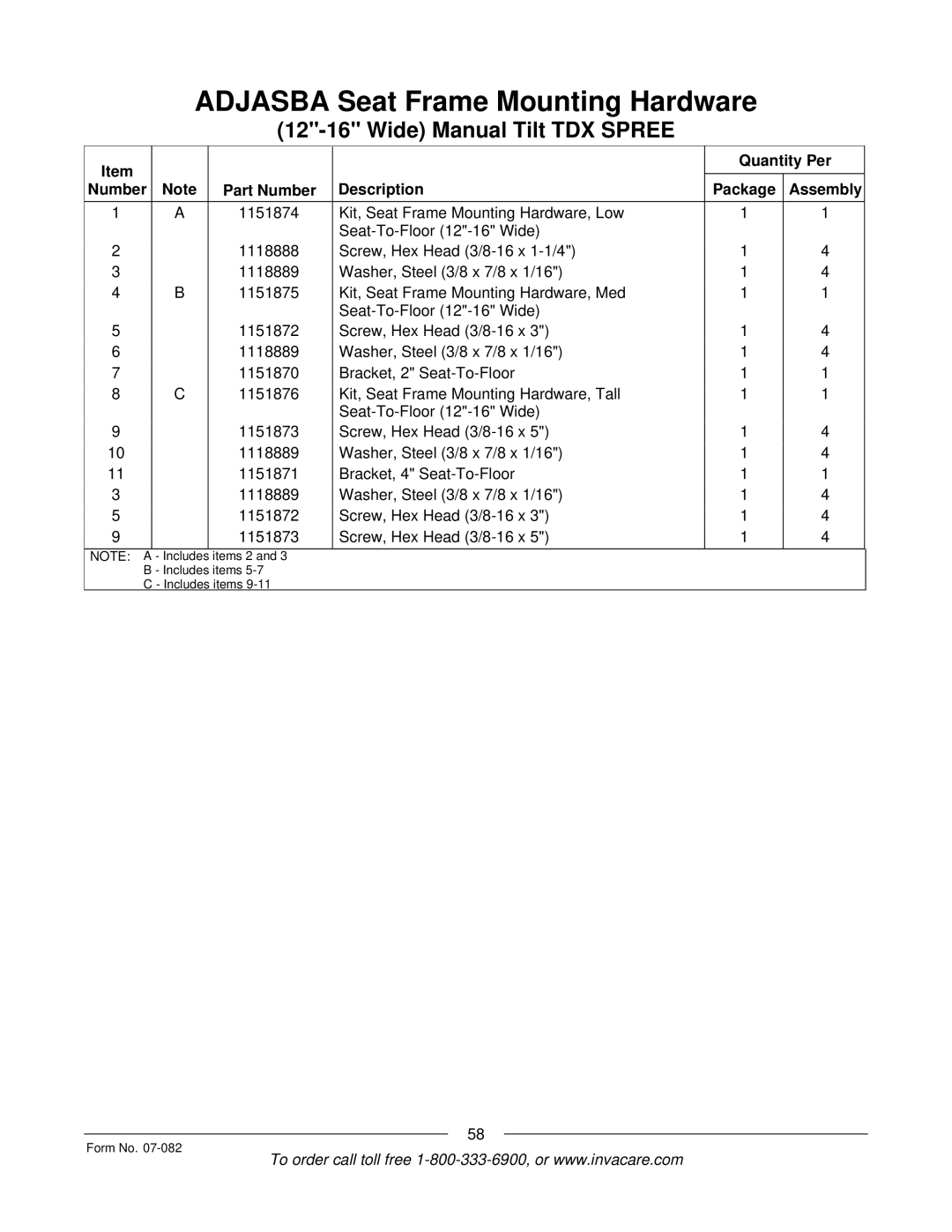 Invacare TDX SC manual Items 2 Includes items Form No 