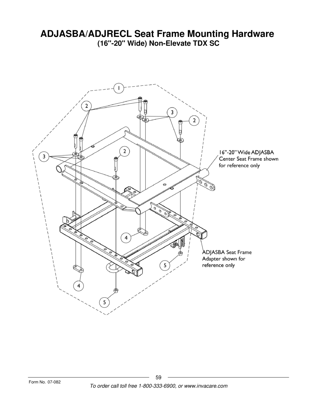 Invacare TDX SC manual ADJASBA/ADJRECL Seat Frame Mounting Hardware 