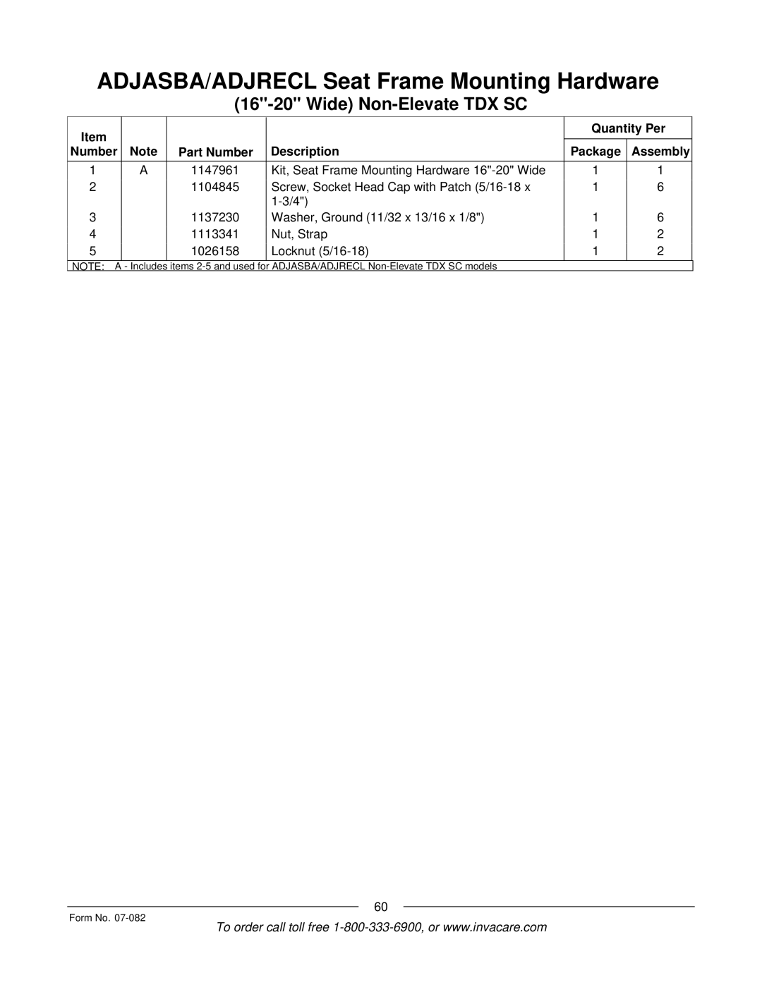 Invacare manual ADJASBA/ADJRECL Non-Elevate TDX SC models Form No 