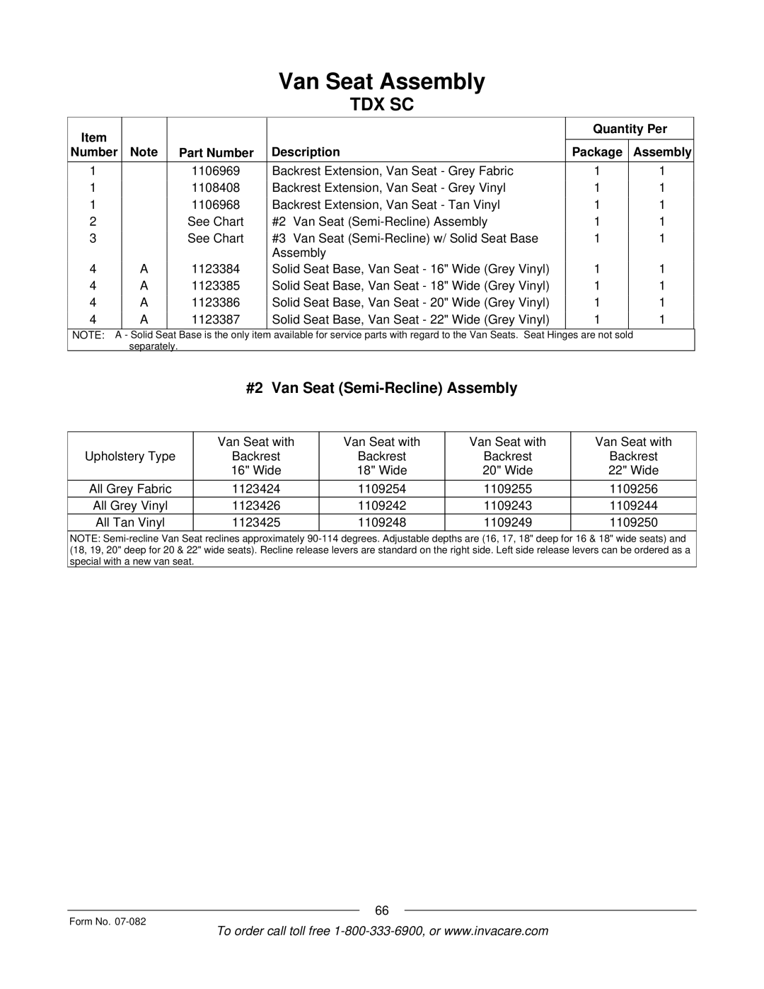 Invacare TDX SC manual #2 Van Seat Semi-Recline Assembly, 16 & 18 wide seats 