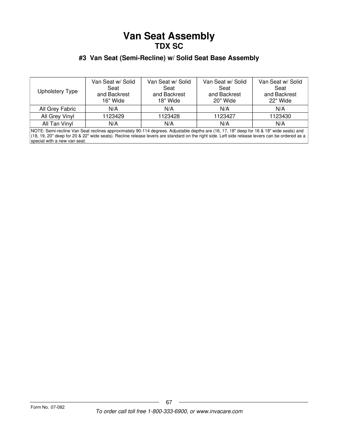 Invacare TDX SC manual #3 Van Seat Semi-Recline w/ Solid Seat Base Assembly 