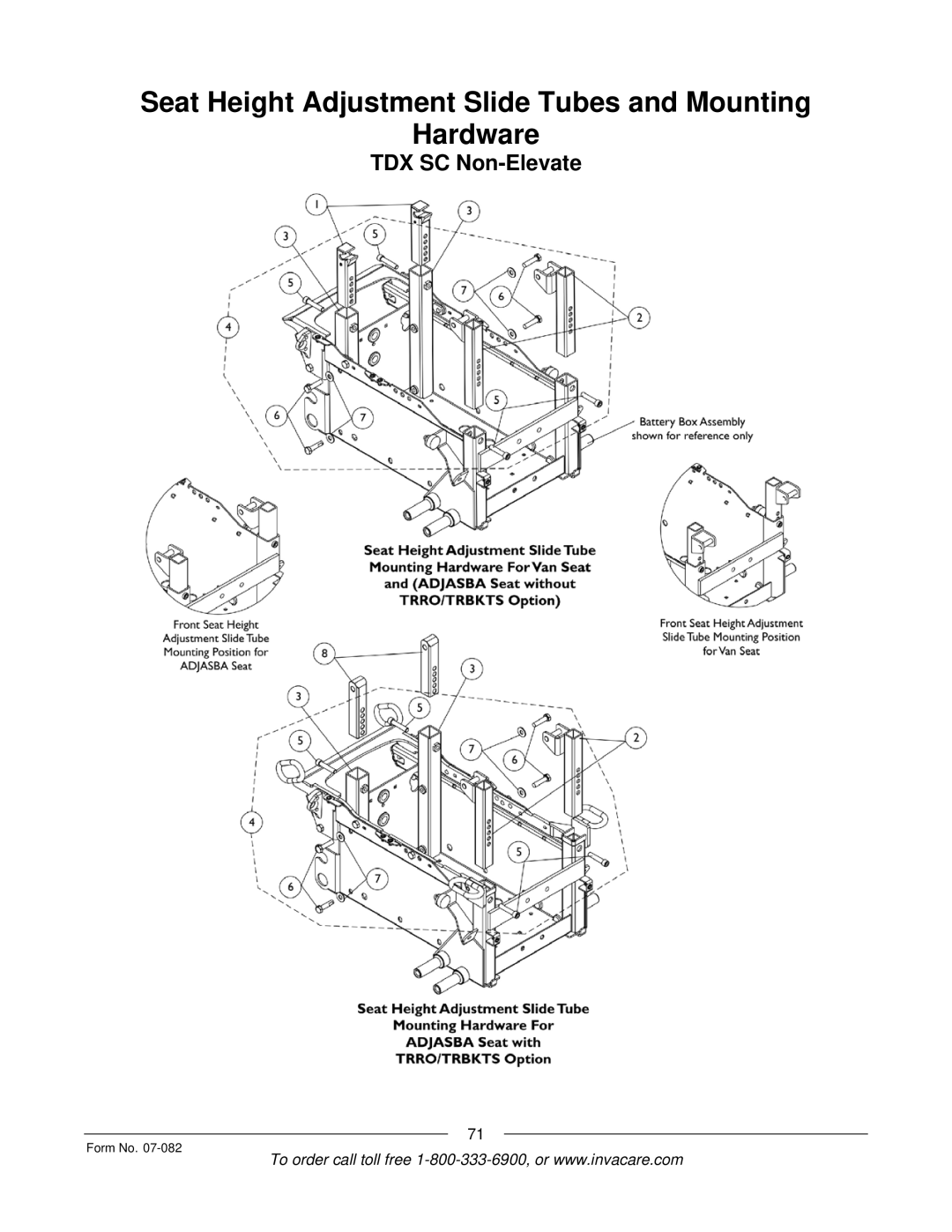 Invacare TDX SC manual Seat Height Adjustment Slide Tubes and Mounting Hardware 