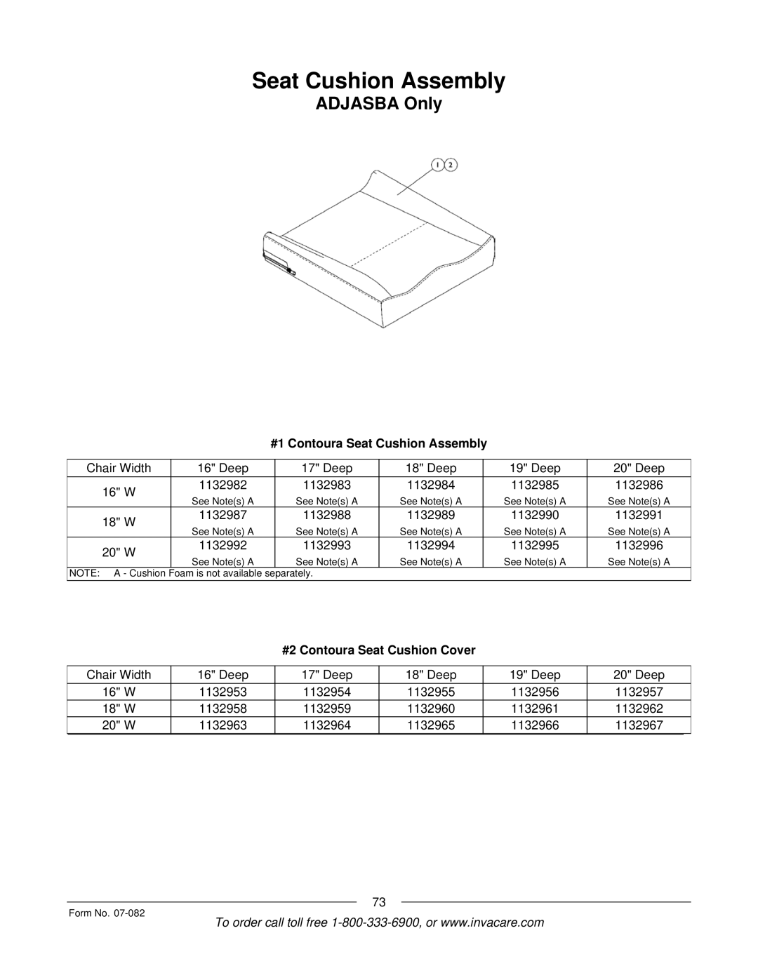 Invacare TDX SC manual Seat Cushion Assembly, Adjasba Only 