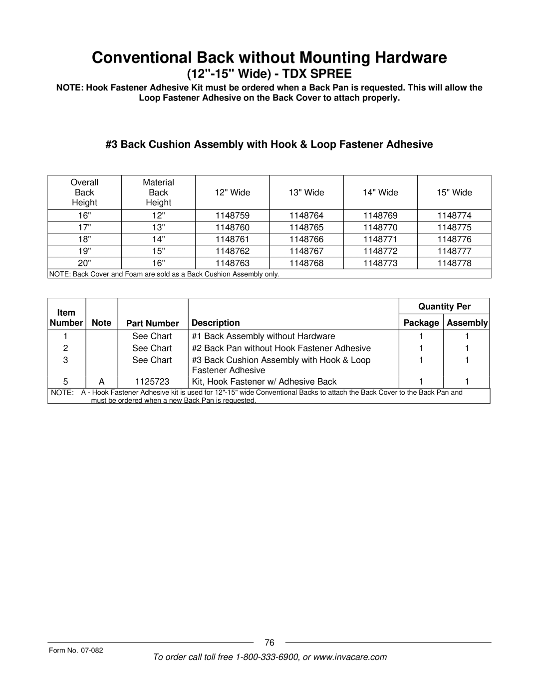 Invacare TDX SC manual #3 Back Cushion Assembly with Hook & Loop Fastener Adhesive 
