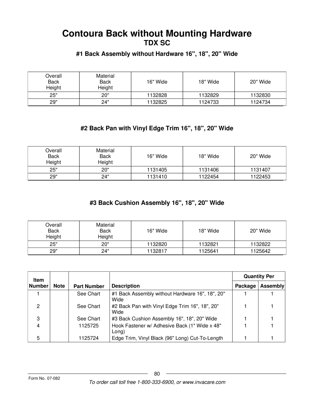 Invacare TDX SC manual #1 Back Assembly without Hardware 16, 18, 20 Wide, #2 Back Pan with Vinyl Edge Trim 16, 18, 20 Wide 