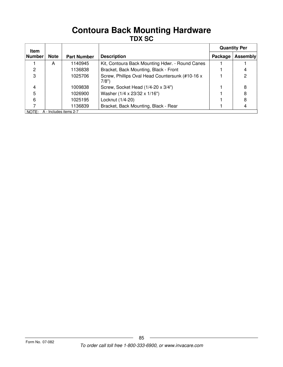 Invacare TDX SC manual Contoura Back Mounting Hardware 