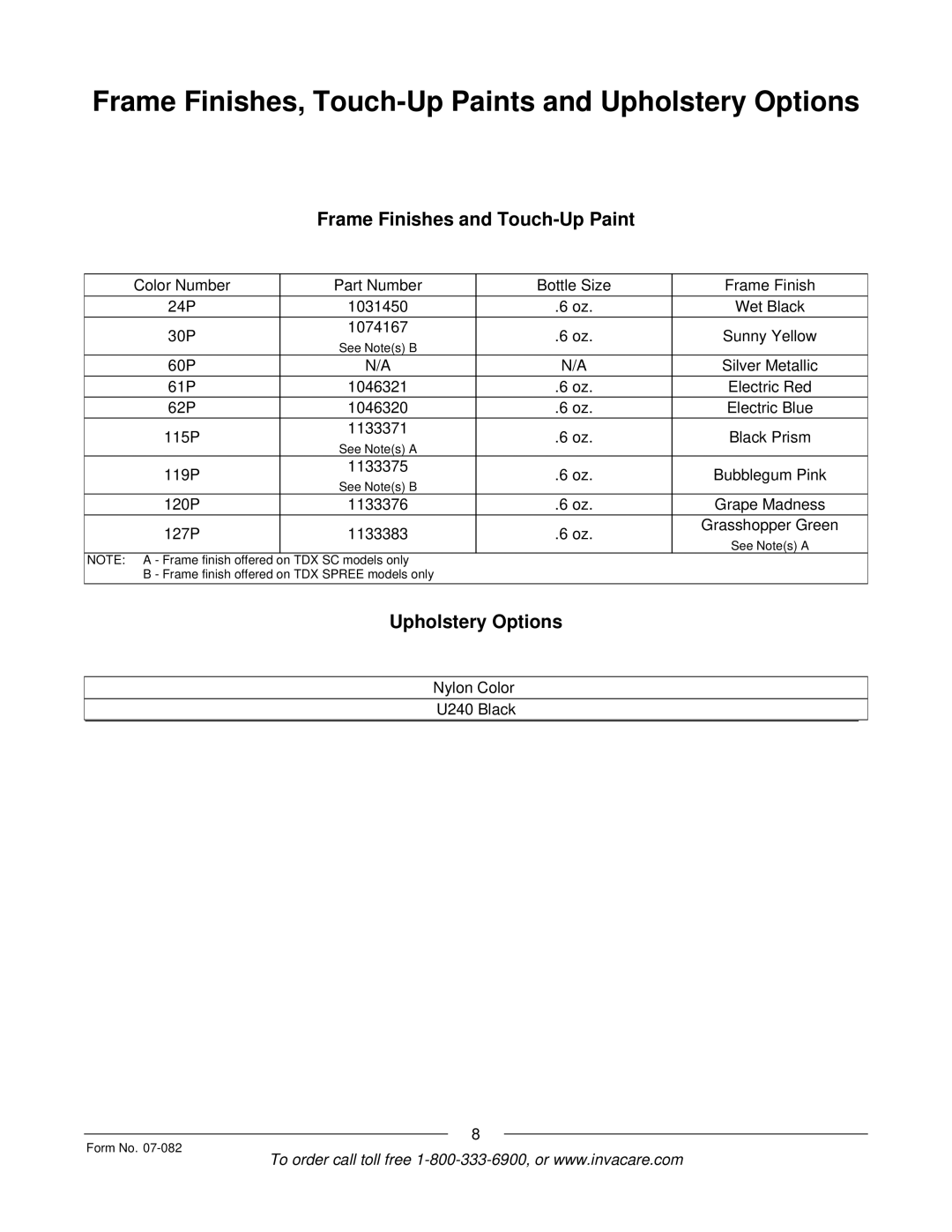 Invacare TDX SC manual Frame Finishes, Touch-Up Paints and Upholstery Options, Frame Finishes and Touch-Up Paint 