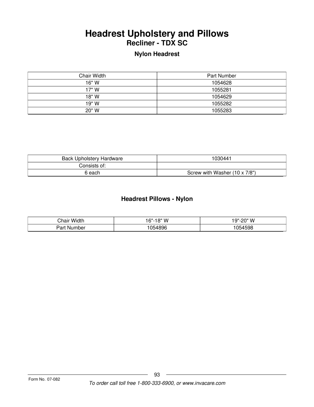 Invacare TDX SC manual Headrest Upholstery and Pillows, Nylon Headrest, Headrest Pillows Nylon 