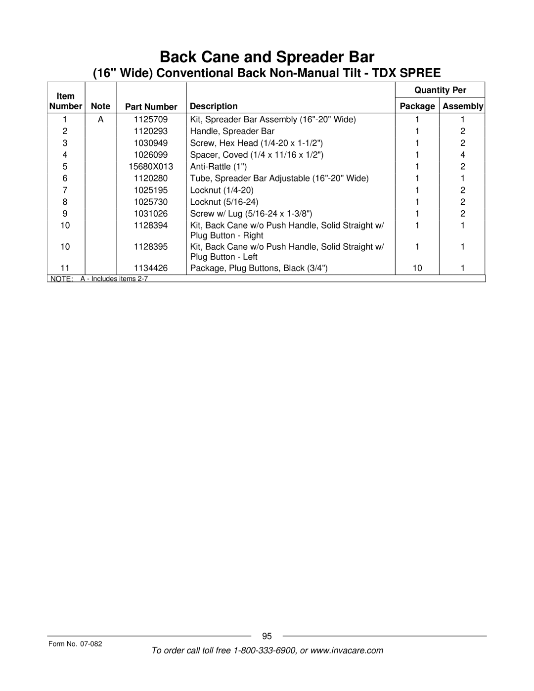 Invacare TDX SC manual Quantity Per Number Part Number Description Package Assembly 