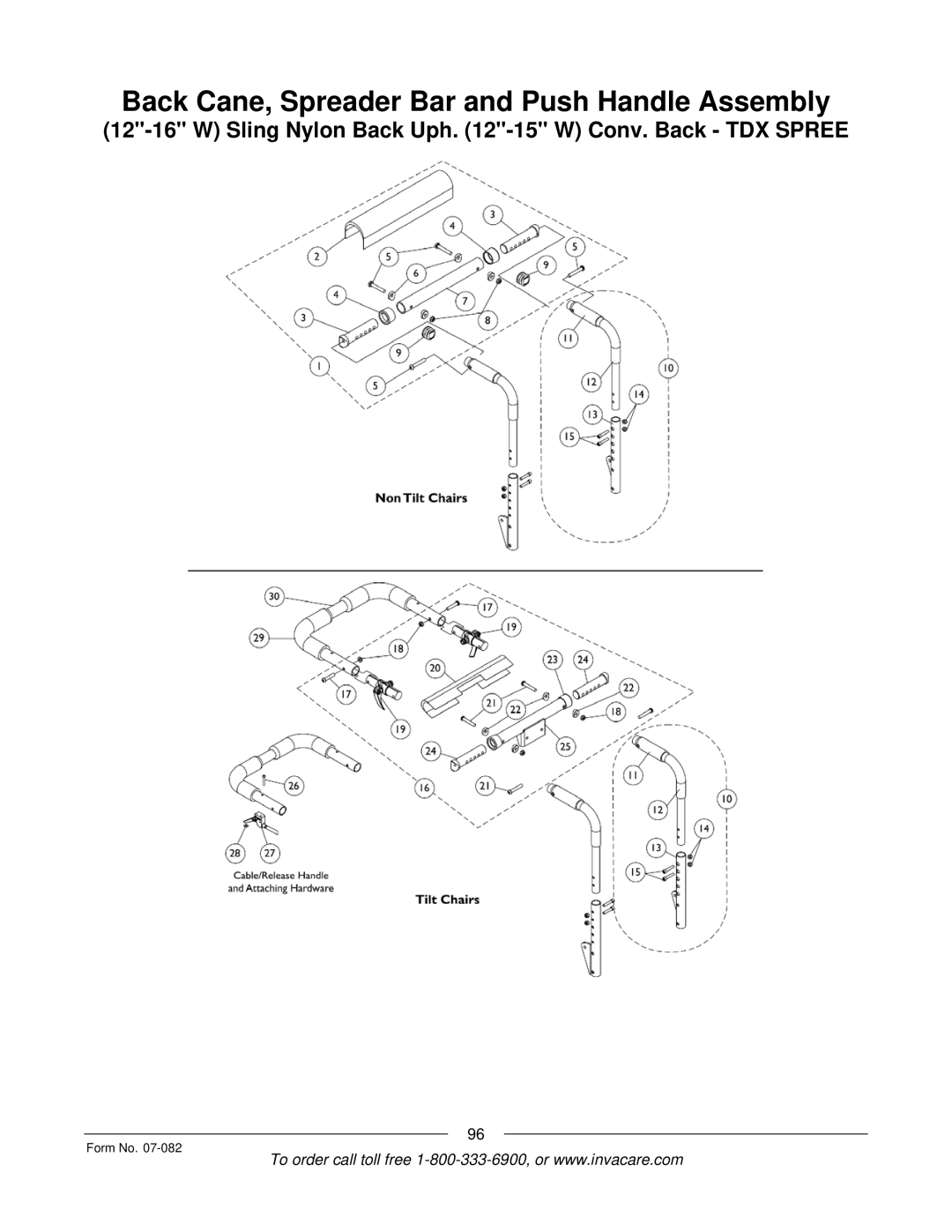 Invacare TDX SC manual Back Cane, Spreader Bar and Push Handle Assembly 
