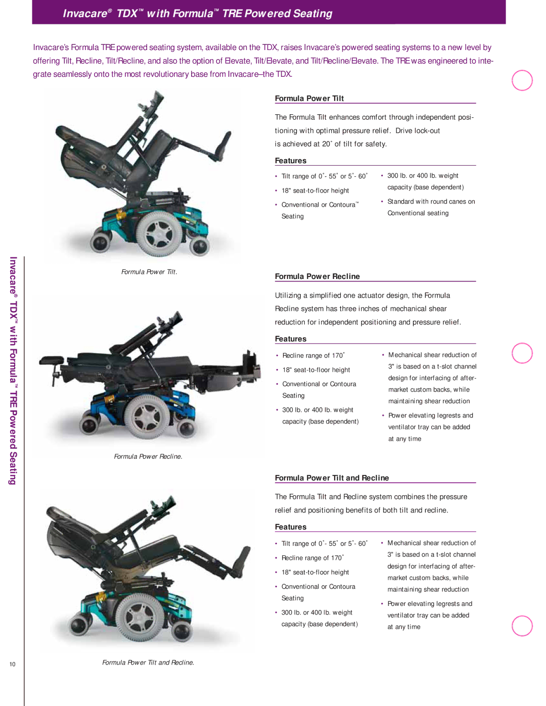 Invacare TDX Series manual Seating, Formula Power Tilt, Formula Power Recline, Formula TRE Powered 