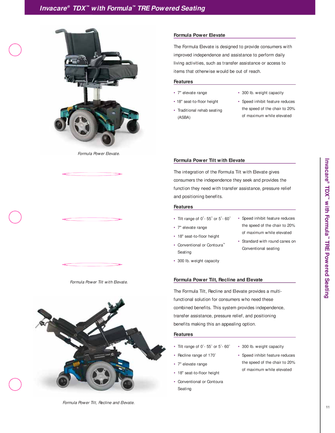 Invacare TDX Series manual Formula Power Elevate, Formula Power Tilt with Elevate, Formula Power Tilt, Recline and Elevate 