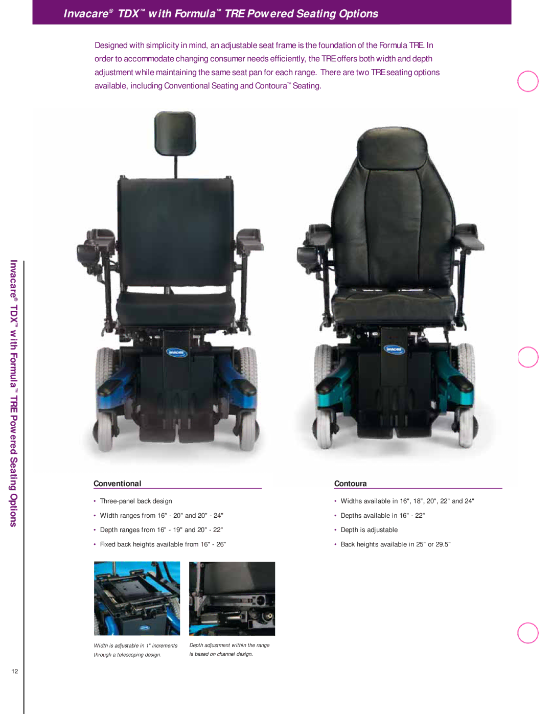 Invacare TDX Series manual Invacare TDX with Formula TRE Powered Seating Options, Conventional, Contoura 