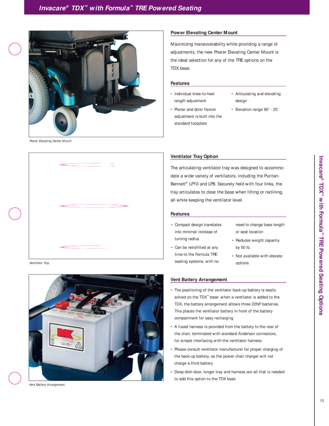 Invacare TDX Series manual Seating Options, Power Elevating Center Mount, Ventilator Tray Option, Vent Battery Arrangement 