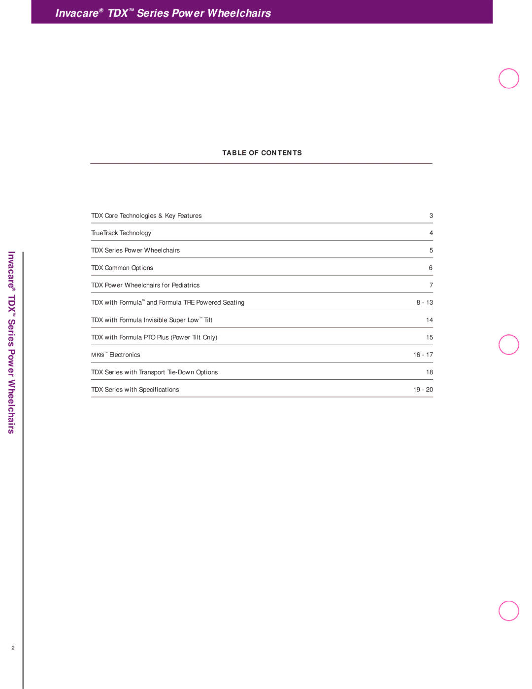 Invacare manual Invacare TDX Series Power Wheelchairs, Table of Contents 