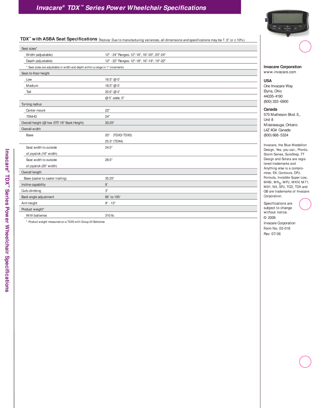 Invacare manual Invacare TDX Series Power Wheelchair Specifications, Invacare Corporation, Usa, Canada 