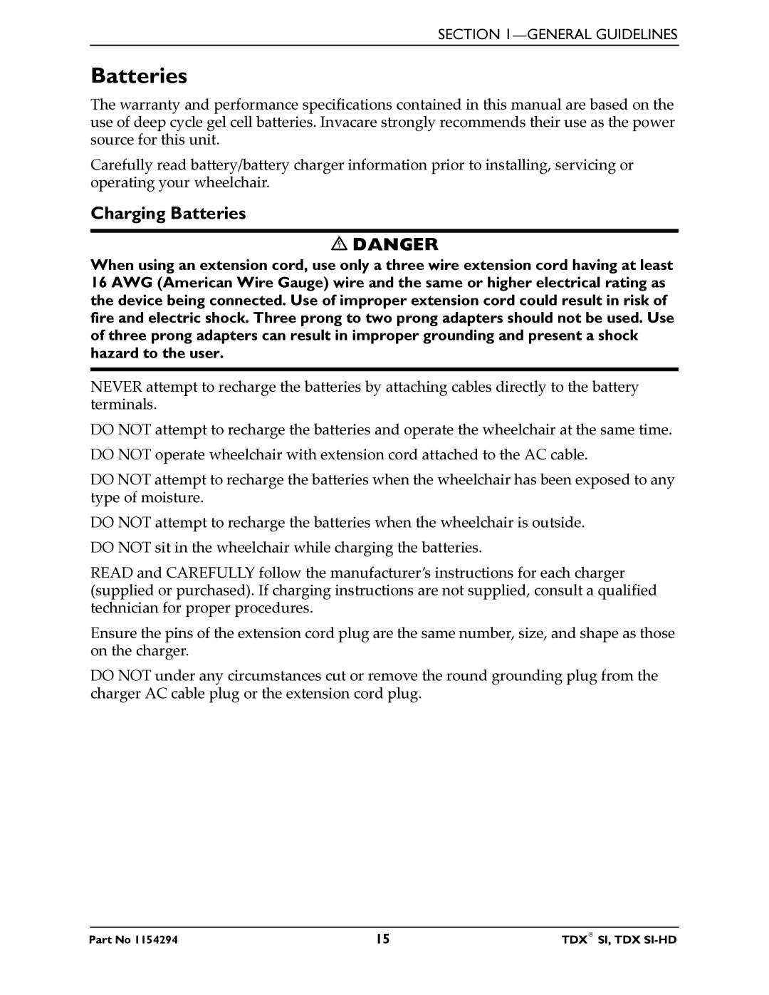 Invacare TDX SI manual Charging Batteries 