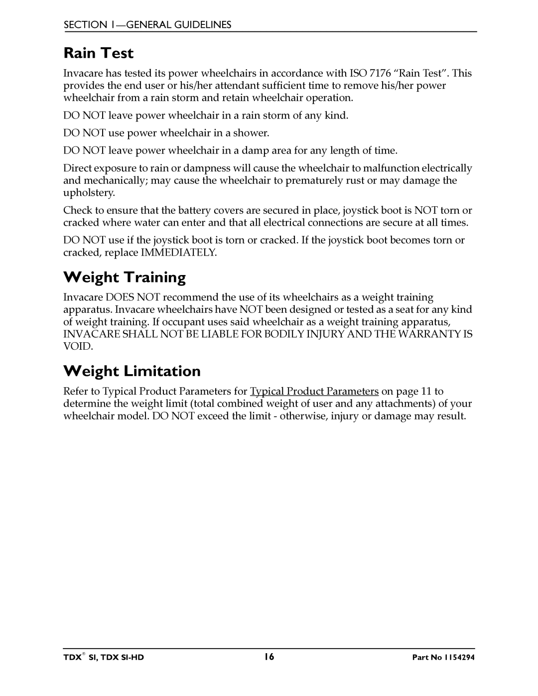 Invacare TDX SI manual Rain Test, Weight Training, Weight Limitation 