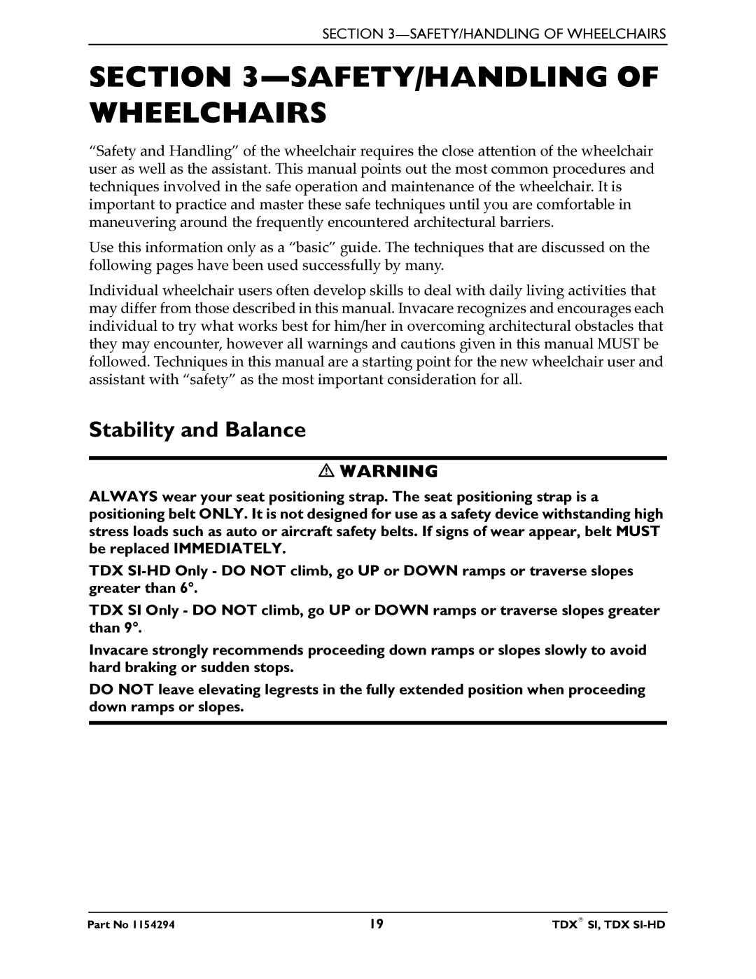 Invacare TDX SI manual SAFETY/HANDLING of Wheelchairs, Stability and Balance 