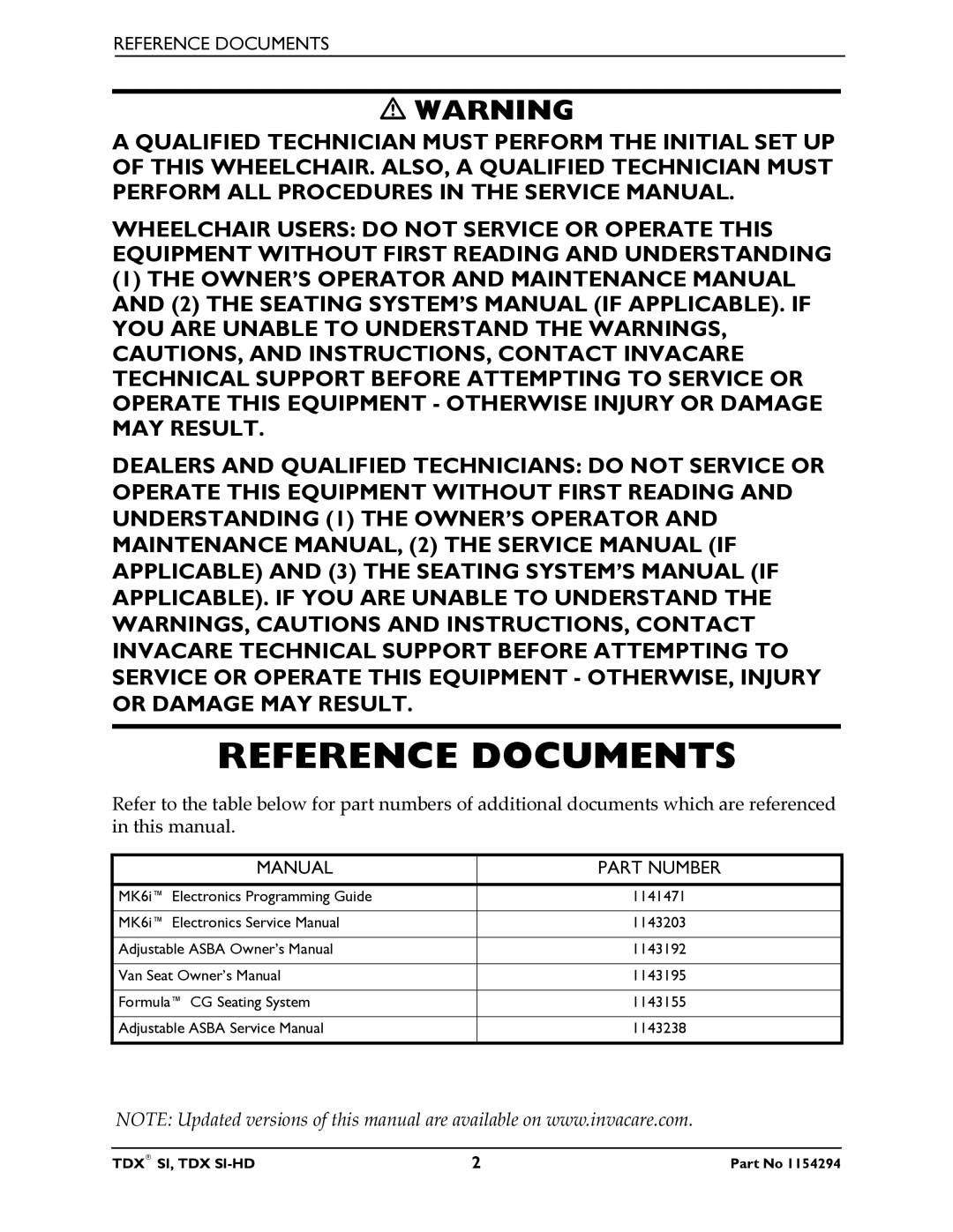 Invacare TDX SI manual Reference Documents, Manual 