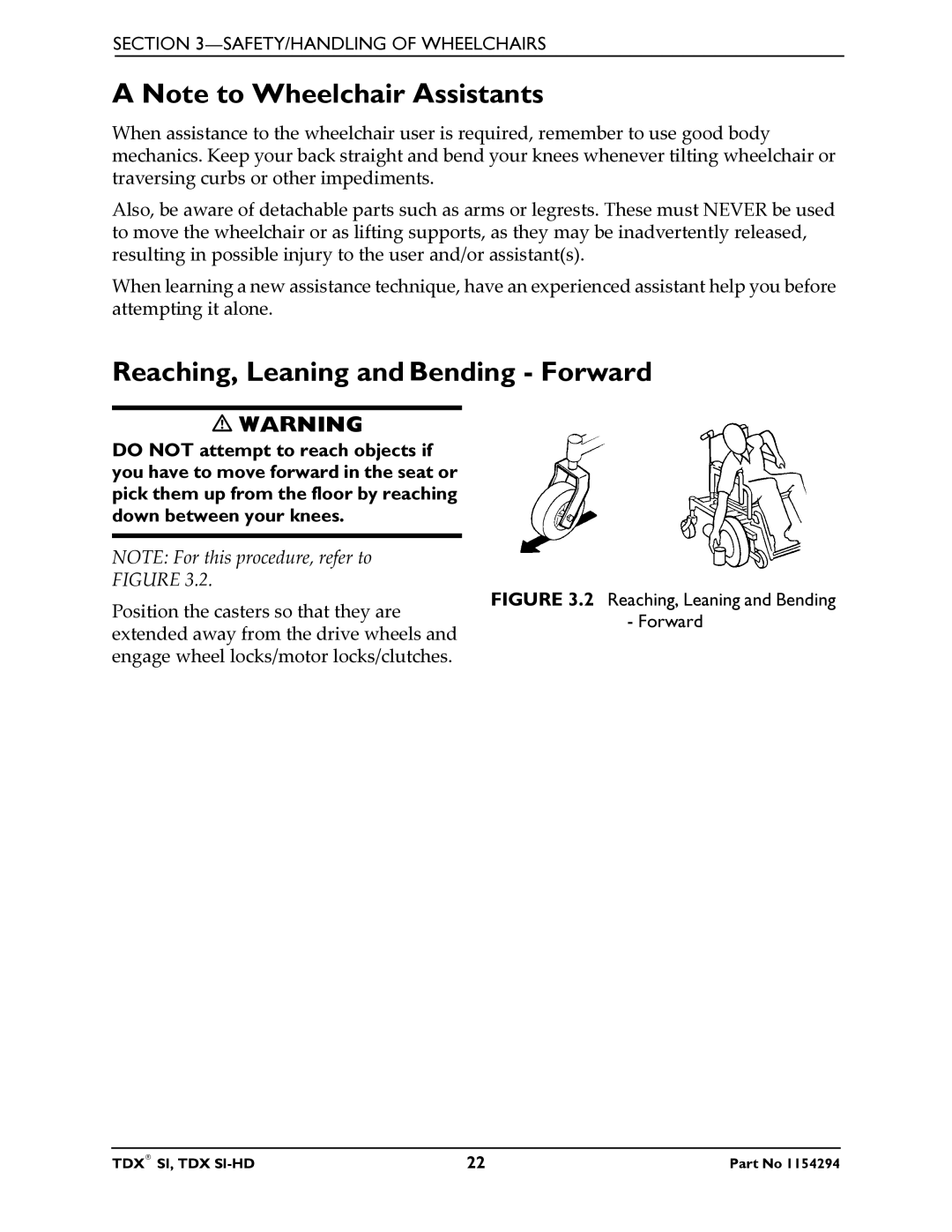 Invacare TDX SI manual Reaching, Leaning and Bending Forward 