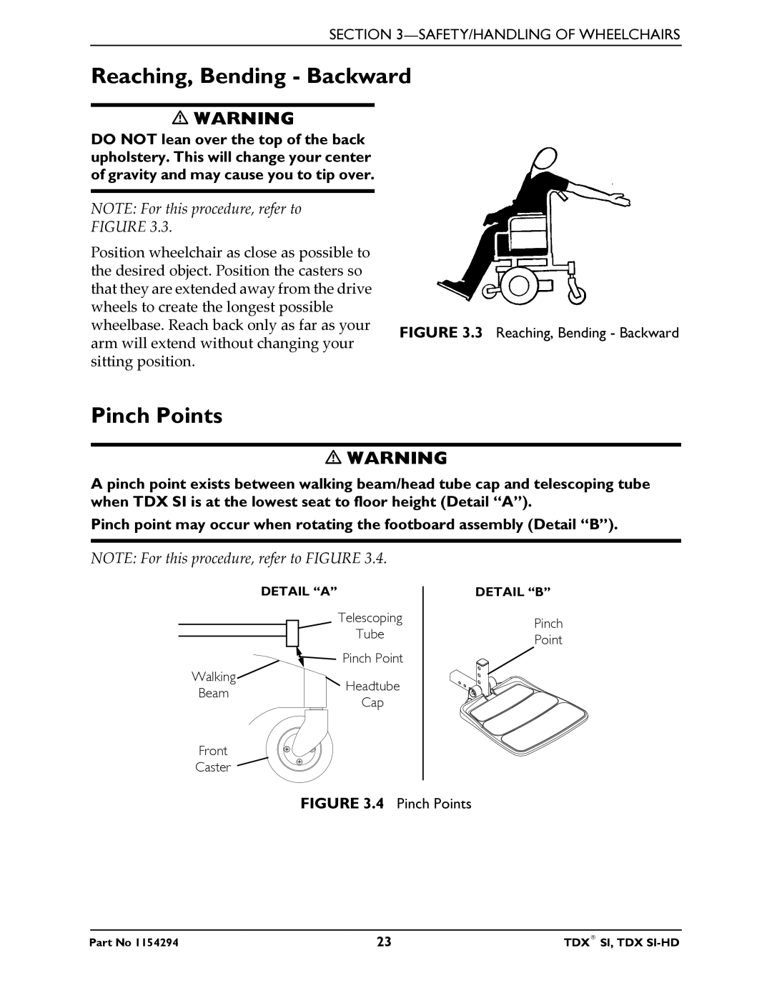 Invacare TDX SI manual Reaching, Bending Backward, Pinch Points 