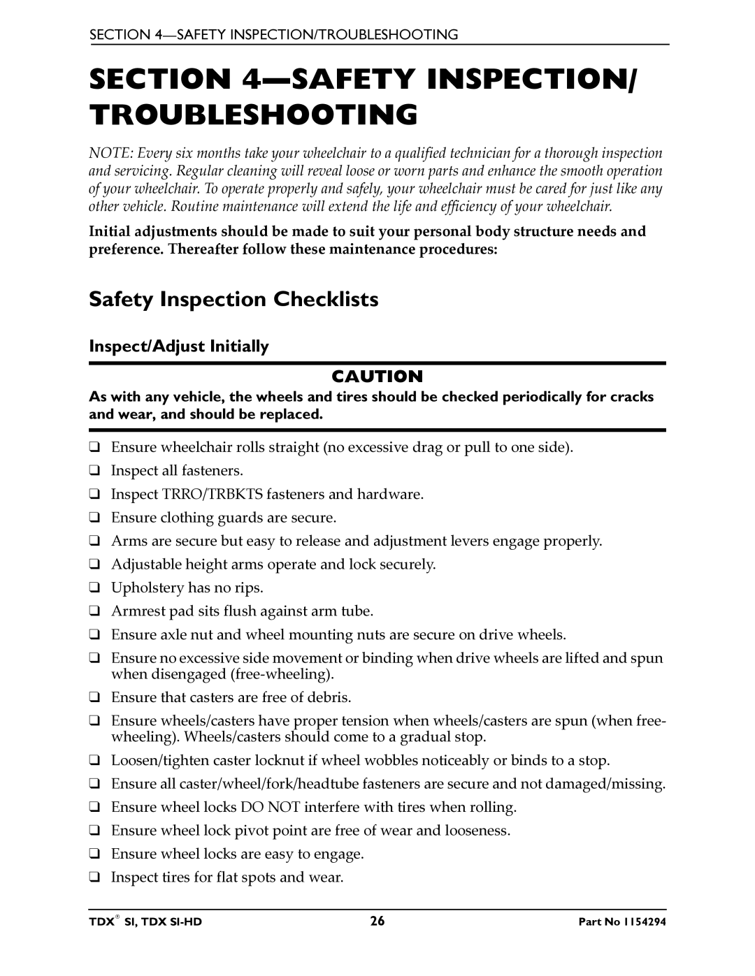 Invacare TDX SI manual Safety INSPECTION/ Troubleshooting, Safety Inspection Checklists, Inspect/Adjust Initially 