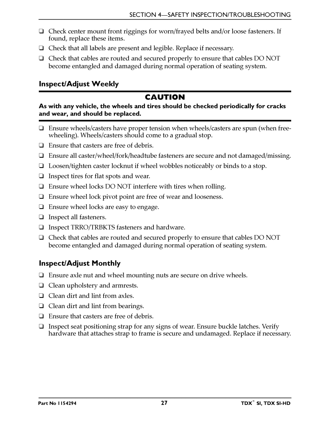 Invacare TDX SI manual Inspect/Adjust Weekly, Inspect/Adjust Monthly 